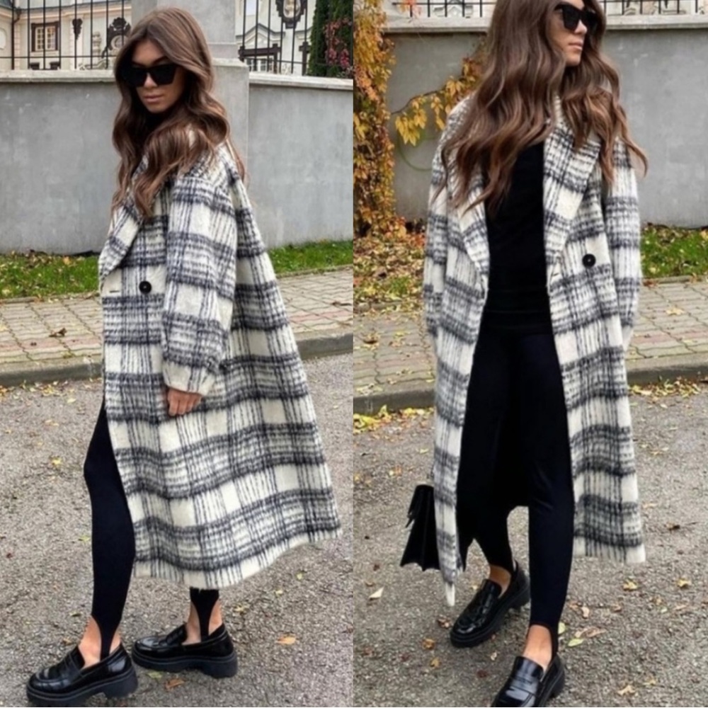 ZARA Black & White Plaid Brushed Wool Oversized Long Wool Coat - Picture 5 of 14